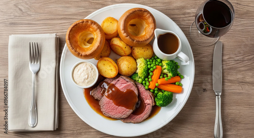Overhead of a complete traditional English Sunday roast