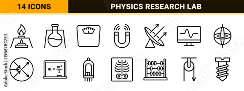 Quantum Physics and Laboratory Science Research Minimalist Monoline Geometric Outline Icons for Educational and Commercial Design Projects.