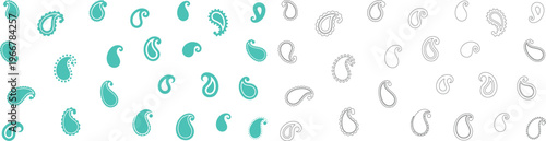 Teal and outline paisley shapes on white background
