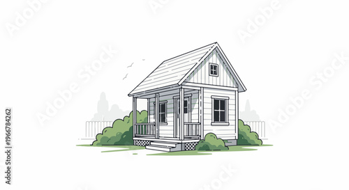 Minimalist white house with a porch, surrounded by green shrubs