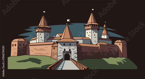 Pixel art of a medieval castle with multiple towers and a fortified entrance