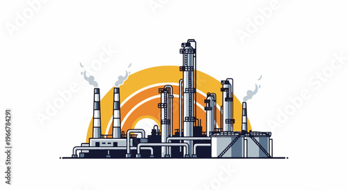 Industrial refinery with tall towers emitting smoke against a backdrop of concentric orange arcs
