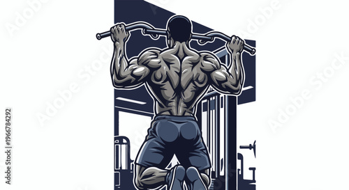 Muscular athlete performing a pull-up exercise in a gym setting