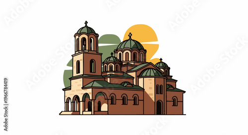 Ornate religious structure with multiple domes and a bell tower