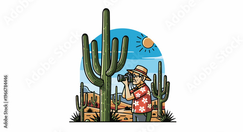 Person in a straw hat photographs a giant cactus in a desert landscape