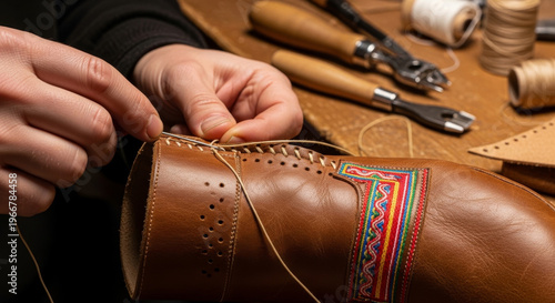 Handmade Finnish Sami reindeer leather boots being stitched