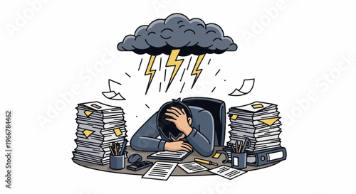 Overwhelmed person buried under work, lightning from storm cloud