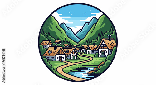 Mountain village with winding path and stream, framed in a circle