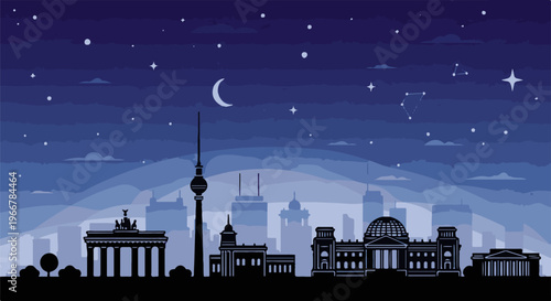 Pixelated city skyline under a starry night sky with moon