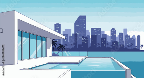 Modern villa with infinity pool overlooking a city skyline and ocean