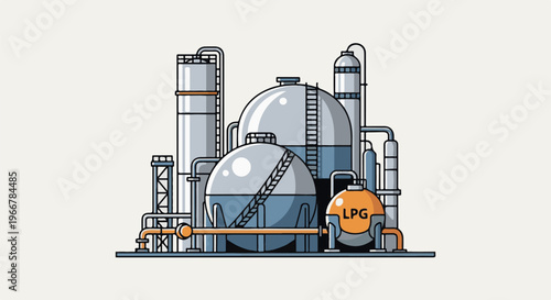 Industrial facility with spherical and cylindrical storage tanks and pipes