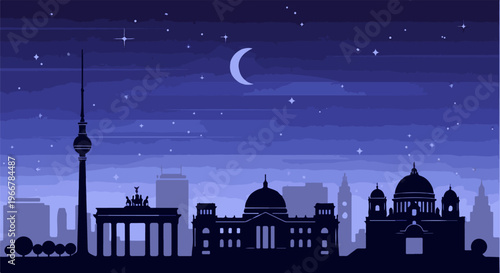 Pixelated nighttime city skyline with famous landmarks under a starry sky