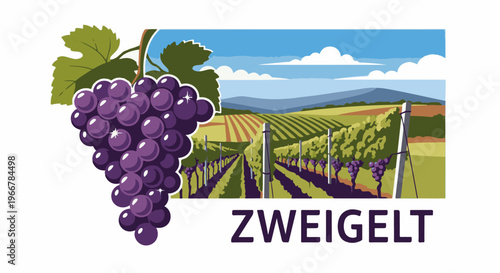 Lush vineyard landscape with a cluster of ripe purple grapes in the foreground