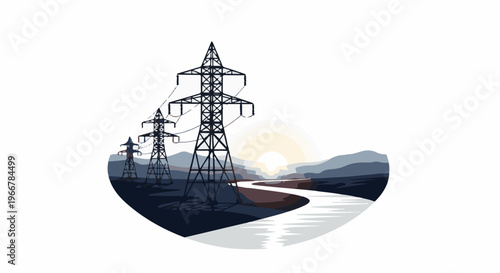 Power lines traverse a scenic valley with a winding river at sunrise