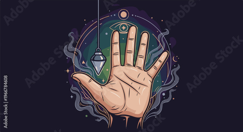 Hand held open with pendulum and mystical eye symbol