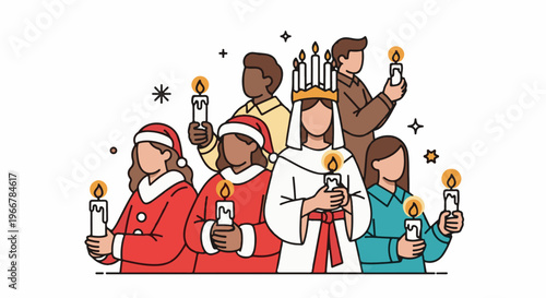 Diverse group of people holding lit candles in festive attire