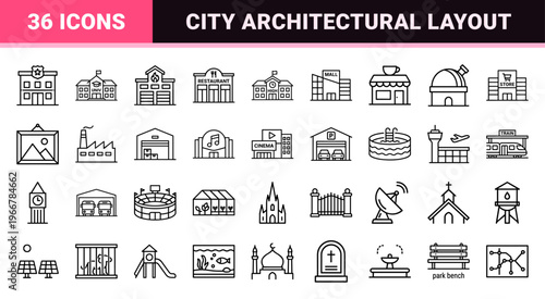 Architectural Exterior Line Art: minimalist Geometric Urban Infrastructure Symbols for Real Estate and City Planning UI Design.