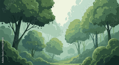 Pixel art of a serene forest path shrouded in mist with lush green foliage