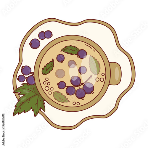 Blackcurrant Tea Cup Top View. Herbal Beverage on Craft Saucer with Mint Leaf. Berry Vitamin Drink. Vector Illustration.