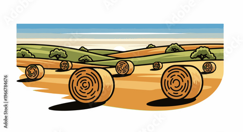 Rural landscape with harvested fields and hay bales under a pale sky