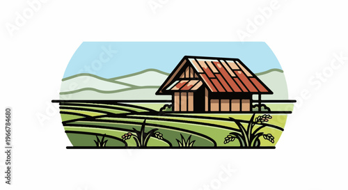 Rustic dwelling nestled amidst vibrant green terraced fields under a pale blue sky