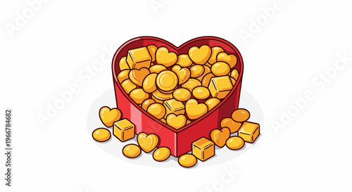Heart-shaped box filled with golden heart, square, and oval shaped candies