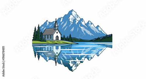 Serene mountain church beside tranquil lake with majestic peaks reflected