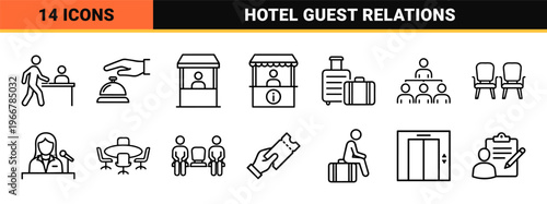 Hospitality and Hotel Reception Services Minimalist Monoline Outline Icons featuring Concierge, Luggage, and Customer Service Symbols