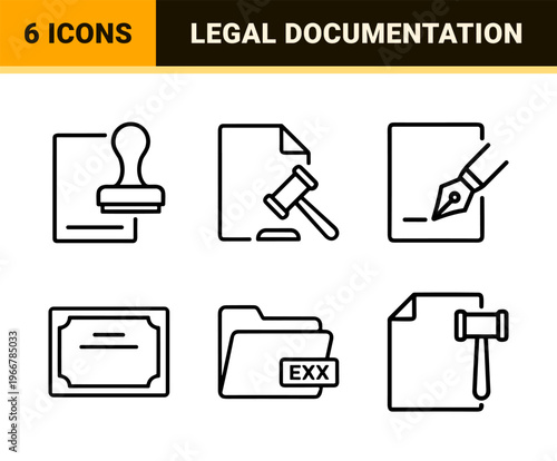 Legal Contract and Judicial Documentation Thin Line Art. Minimalist monoline geometric symbols for corporate law and agreement processing.