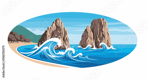 Ocean waves crash against rocky sea stacks near a sandy shore and green hills