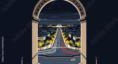 Pixelated archway frames a city avenue with traffic at dusk