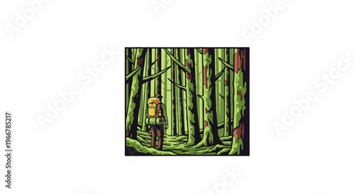 Pixelated backpacker ventures into a dense, green, stylized forest