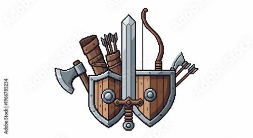 Pixelated assortment of medieval combat equipment for adventure
