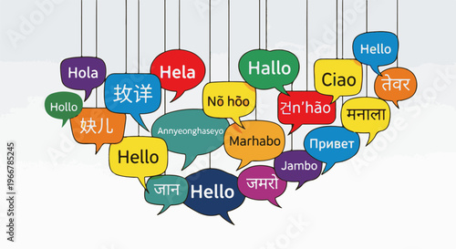 Colorful speech bubbles in various languages saying "Hello