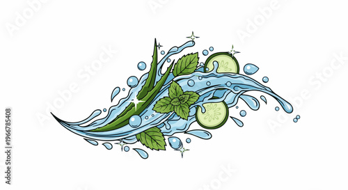 Fresh aloe, mint, and cucumber splash with water droplets and sparkles