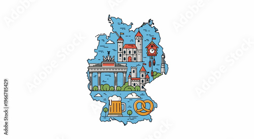 German map silhouette filled with iconic landmarks, castles, and beer