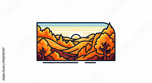 Stylized autumnal landscape with rolling hills and sun