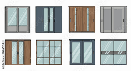 Collection of eight different door and window designs with glass panes and frames