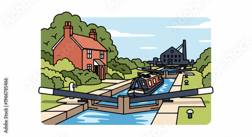 Cartoon canal locks with boat, house, and industrial building