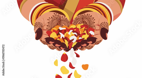 Hands adorned with henna hold vibrant flower petals, showering down