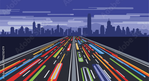 Busy highway with colorful traffic streams against a city skyline at dusk