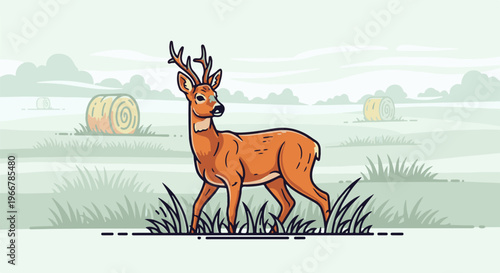 Cartoon deer stands in a grassy field with hay bales in the background