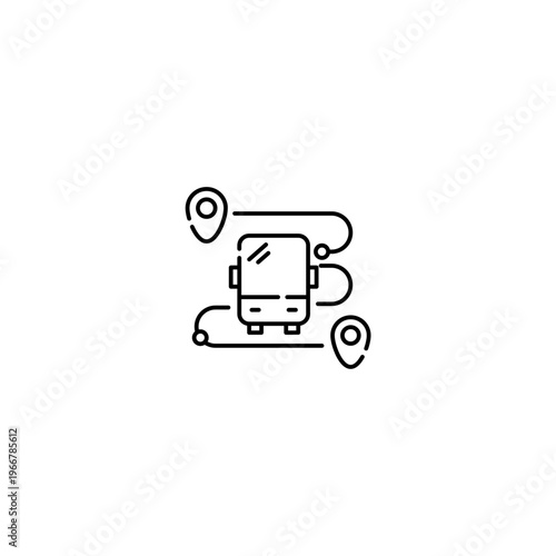 Bus route line icon, public transport station with map location pins and destination path symbol. Transparent background Editable Stroke