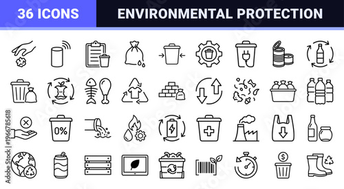 Waste Management and Circular Economy Monoline Icon Set Featuring Sustainable Ecology and Recycling Systems in Minimalist Geometric Style