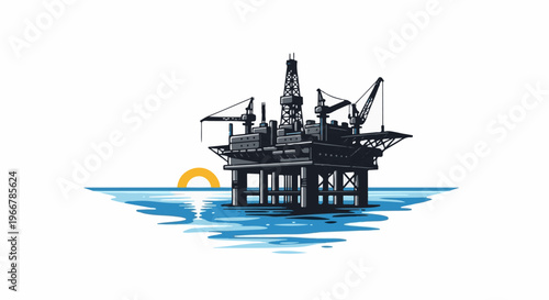 An oil rig stands in the ocean at sunrise