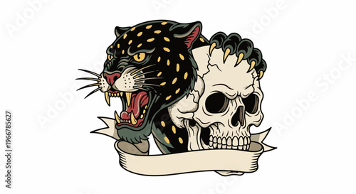 Aggressive black panther with spotted fur emerging from a skull
