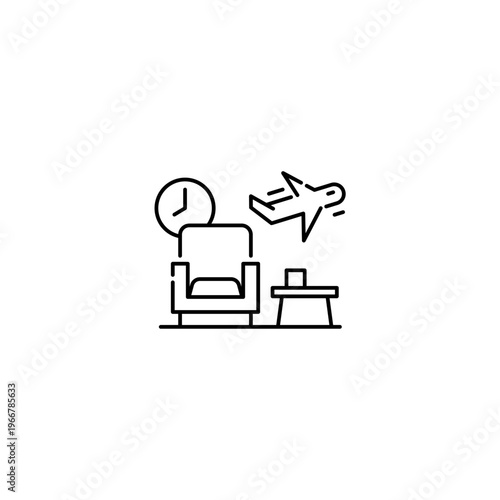 Airport lounge line icon, travel waiting area with airplane Outline icon Transparent background Editable Stroke