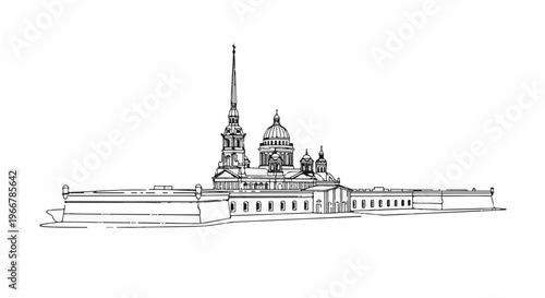 Line drawing of a historic fortress with multiple domes and a tall spire