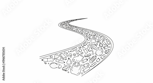 A winding road filled with plastic waste, symbolizing pollution