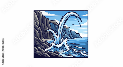 Majestic ocean wave crashes against rocky cliffs under a cloudy sky